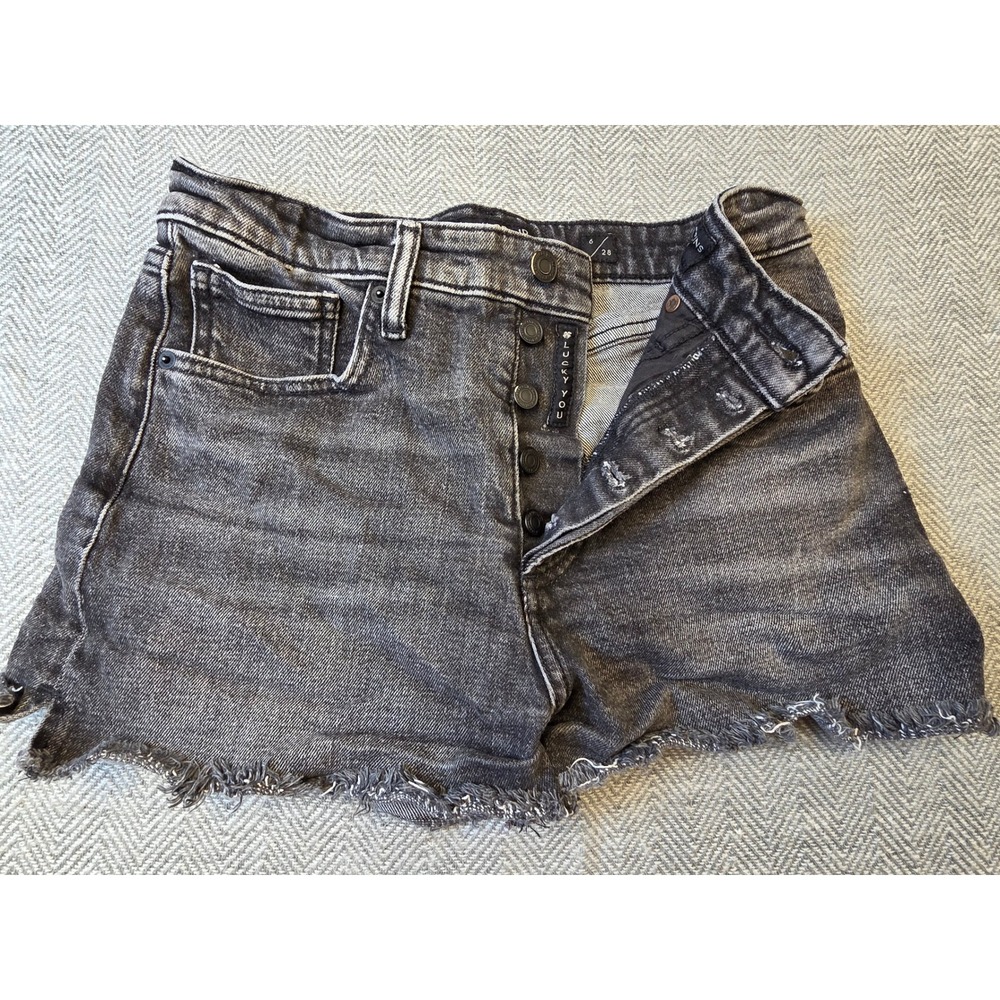 Lucky Brand Cut Off Shorts Women's 6/28 Black Denim Button Fly Raw Hem High Rise